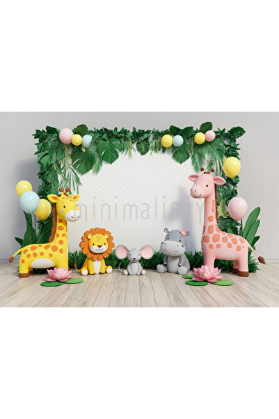 Minimalisfy Neşeli Safari Hayvanları ile 200x150cm Arka Plan Stüdyo Fonu