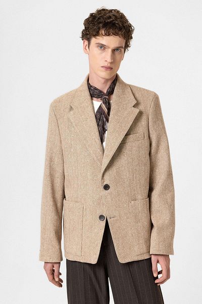 Antioch Beige Herringbone Patterned Oversize Men's Blazer Jacket
