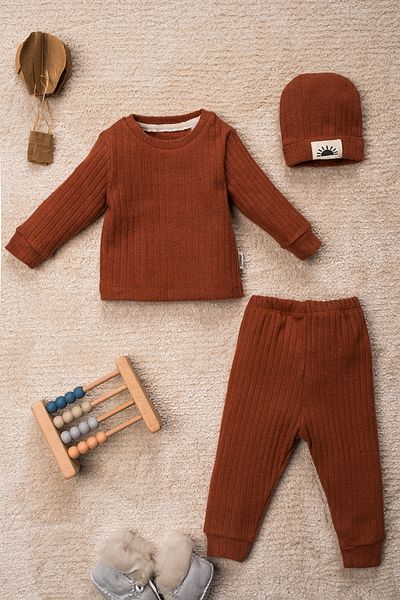 TRENDYOLKIDS Tile Unisex Baby 3-Piece Ribbed Knitted Set - Cotton Bottom-Top Set Tkdaw25Au00176