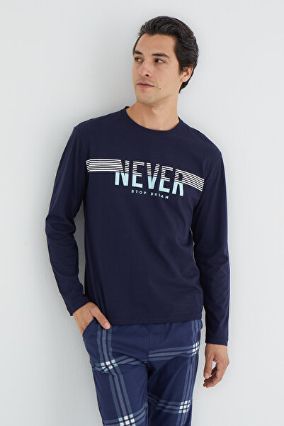 Trendyol Collection Námořnická modř Regular Fit kostkované pletené pyžamo Set Tmnaw25Pt00061