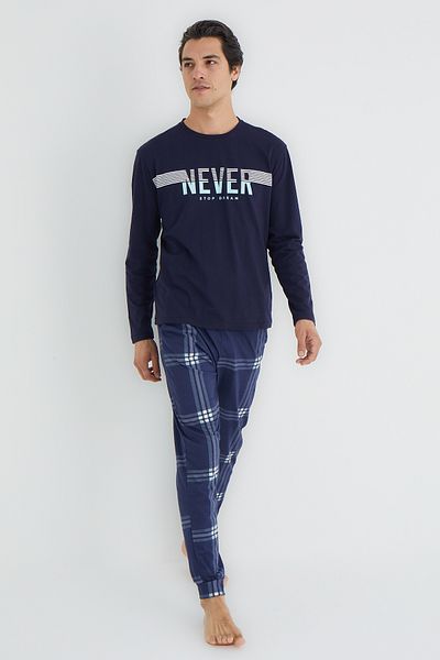 Trendyol Collection Námořnická modř Regular Fit kostkované pletené pyžamo Set Tmnaw25Pt00061