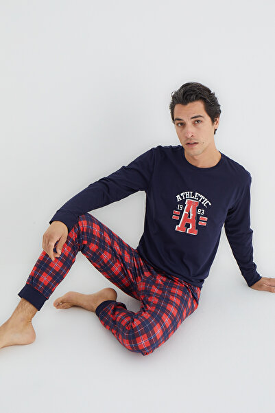 Trendyol Collection Námořnická modř Regular Fit kostkované pletené pyžamo Set Tmnaw25Pt00060
