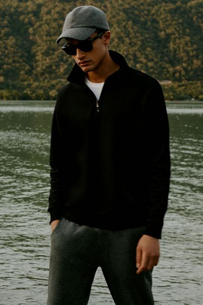 AC&Co / Altınyıldız Classics Ανδρικό μαύρο φούτερ - Fleece, Stand γιακά, Βαμβακερό, Standard Fit