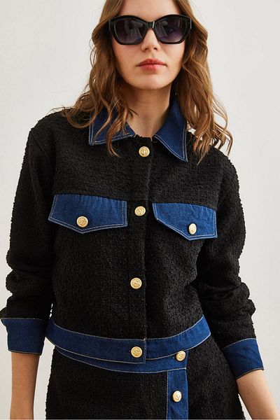 Olalook Schwarze, detaillierte Chanel-Jeansjacke für Damen CKT- 19000410