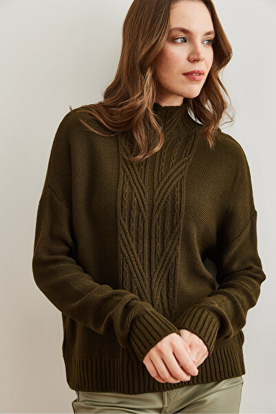 Olalook Women's Khaki Stand Collar Mid Hair Braided Knitwear Sweater Kzk- 19000912