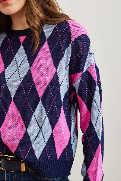 Olalook Women's Navy Blue Diamond Patterned Crop Sweater Kzk- 19000910