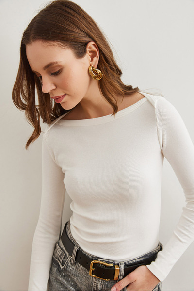 Olalook Women's Ecru Boat Neck Ribbed Stretchy Cotton Blouse Blz- 19002795