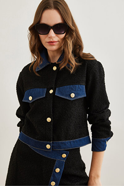Olalook Kadın Siyah Denim Detaylı Şanel Ceket CKT-19000410