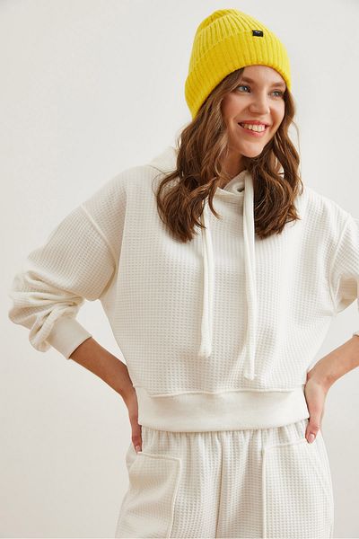 Olalook Weißes Waffel-Sweatshirt mit Kapuze – Damen, SWT- 19000708