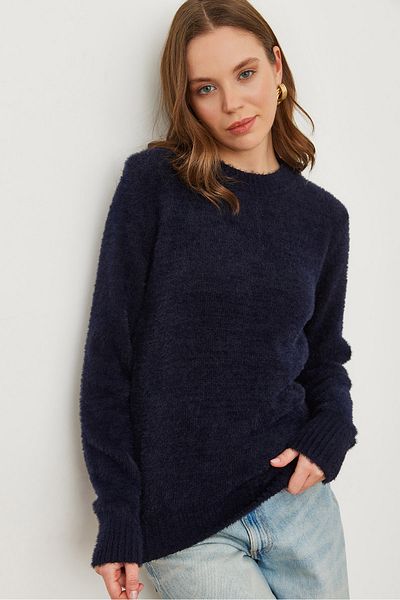 Olalook Navy Blue Soft Textured Women's Beard Sweater - Crew Neck Kzk- 19000858