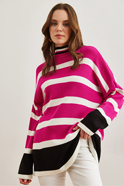 Olalook Kadın Fuşya Siyah Renk Detaylı Çizgili Triko Tunik TNK-19000101