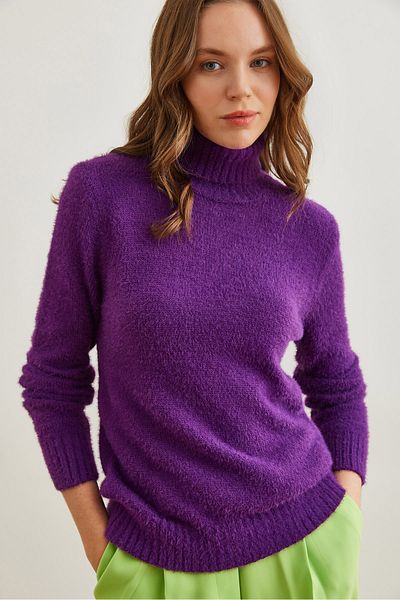 Olalook Women's Purple Turtleneck Soft Textured Bearded Knitwear Sweater Kzk- 19000861