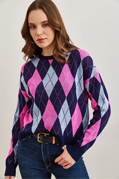 Olalook Women's Navy Blue Diamond Patterned Crop Sweater Kzk- 19000910