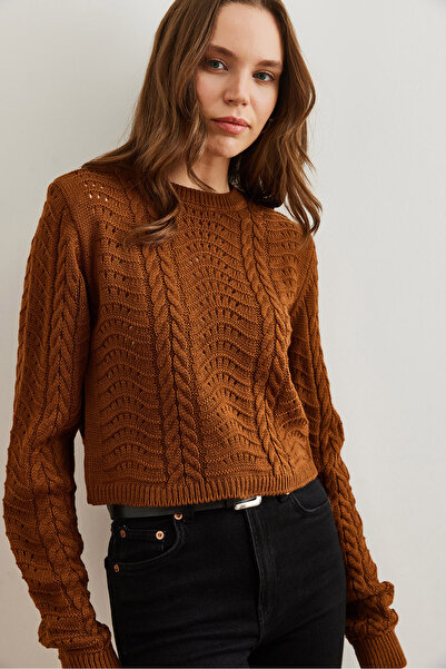 Olalook Kadın Deve Tüyü Dalga Örgüllü Crop Triko Kazak KZK-19000822