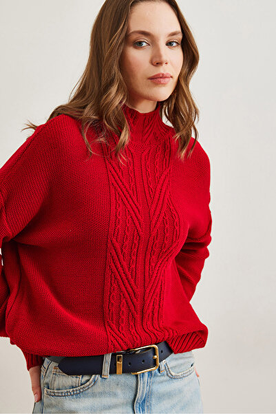 Olalook Women's Red Stand Collar Mid Hair Braided Knitwear Sweater Kzk- 19000912