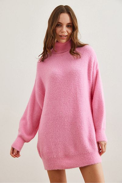 Olalook Bonbonrosa Rollkragenpullover für Damen mit weichem, strukturiertem Bart, Strick-Tunika TNK- 19000098