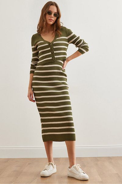 Olalook Khaki Color Striped Knitwear Set - Women's Top and Lingerie Dress Tkm- 19000244