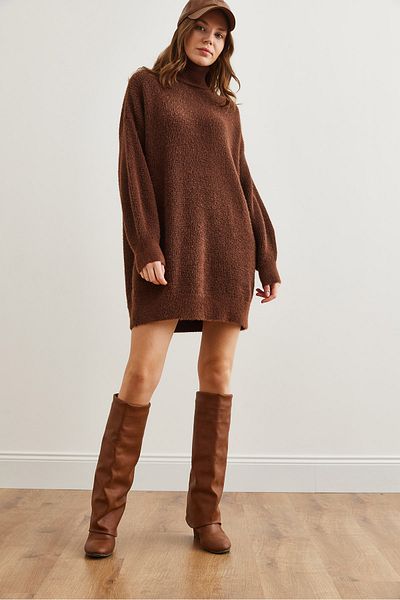 Olalook Women's Bitter Coffee Turtleneck Soft Textured Beard Knitwear Tunika TNK- 19000098