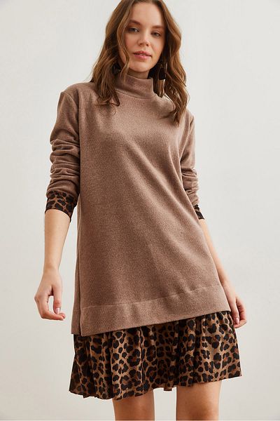 Olalook Women Camel Leopard Garnished Thessaloniki Dress Elb- 19000965
