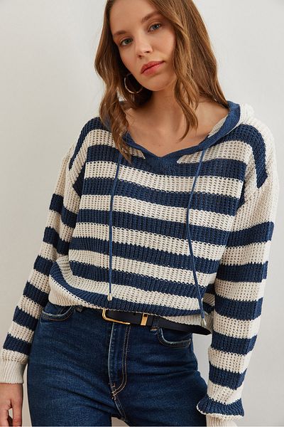 Olalook Indigofarbene, durchbrochene, gestreifte Damen-Strickbluse mit Kapuze – BLZ- 19002791