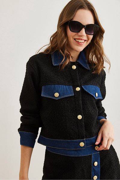 Olalook Schwarze, detaillierte Chanel-Jeansjacke für Damen CKT- 19000410