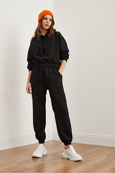 Olalook Black Waffle Jogger Women's Sweatpants with Pockets Essf- 00000079