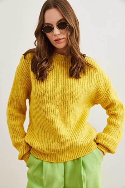 Olalook Women's Yellow Thick Knit Raised Balloon Sleeve Knitwear Sweater Kzk- 19000863