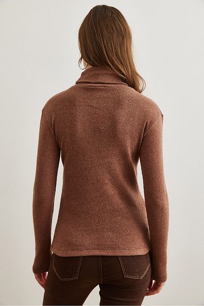 Olalook Women's Chocolate Turtleneck Finger Detailed Lycra Blouse Blz- 19001644