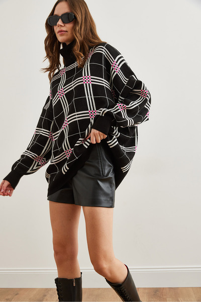 Olalook Women's Black Plaid Turtleneck Knitwear Tunic Dress Elb- 19002314