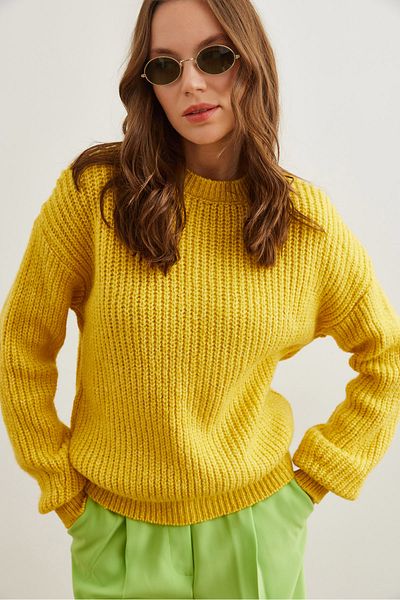 Olalook Women's Yellow Thick Knit Raised Balloon Sleeve Knitwear Sweater Kzk- 19000863
