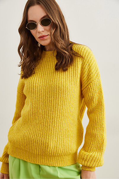 Olalook Women's Yellow Thick Knit Raised Balloon Sleeve Knitwear Sweater Kzk- 19000863