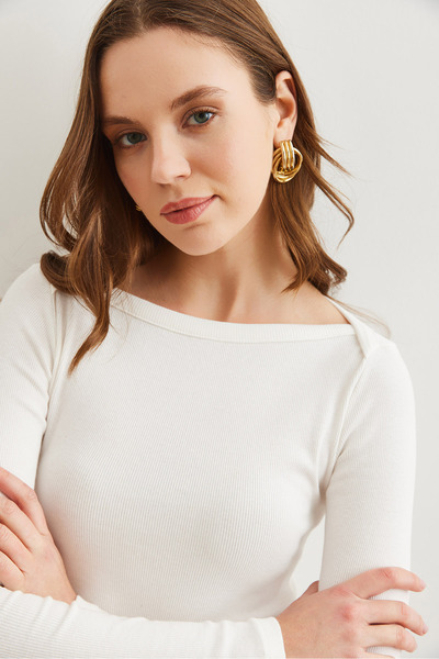 Olalook Women's Ecru Boat Neck Ribbed Stretchy Cotton Blouse Blz- 19002795