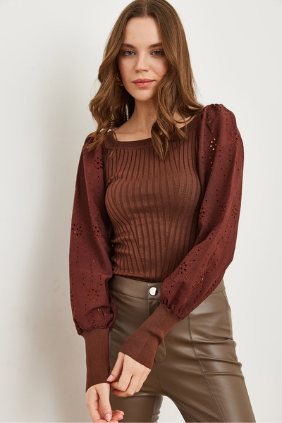 Olalook Women's Bitter Brown Boat Neck Scalloped Knitwear Blouse Blz- 19002034