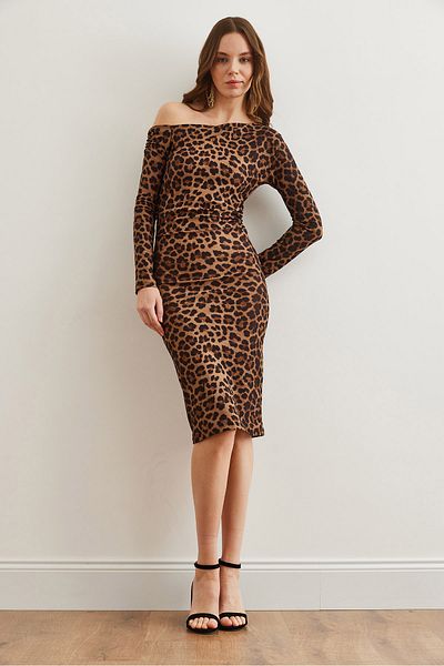 Olalook Women's Coffee Leopard Boat Neck Knitted Mini Dress Elb- 19002316