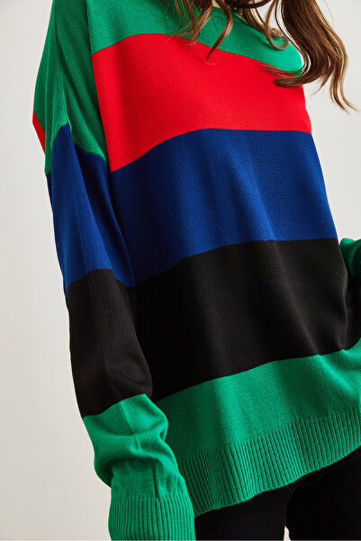 Olalook Green Blocked Thick Knitwear Women's Sweater - Kzk- 19000824