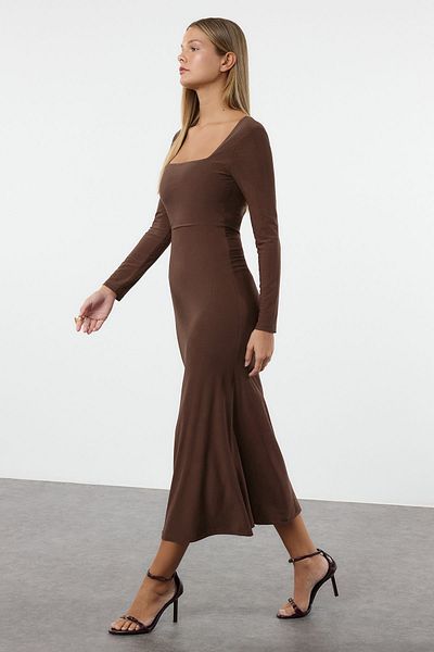 Trendyol Collection Square Neck Stretchy Maxi Dress - Flounce Detail, Brown Twoaw24El00613