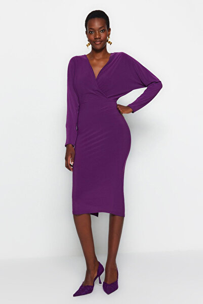 Trendyol Collection Rochie tricotată midi flexibilă, cu mâneci liliac mov TWOAW24EL00198