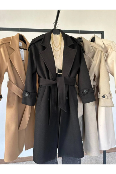 GM Butikk Kadın Siyah Düğmeli Kemerli Tasarım Uzun Kaban