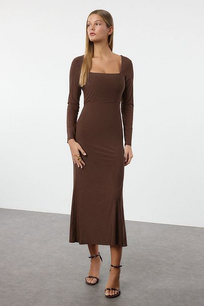 Trendyol Collection Square Neck Stretchy Maxi Dress - Flounce Detail, Brown Twoaw24El00613