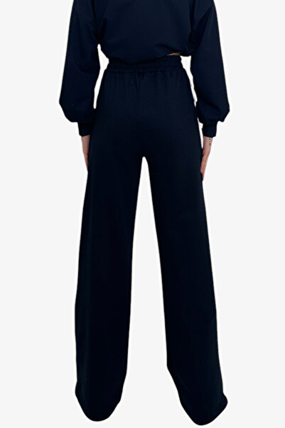 Trend Alaçatı Stili Navy Blue Double Pockets - Elastic Side Stripe Wide Leg Women's Trousers Alc-X12713