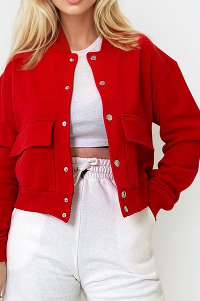 Trend Alaçatı Stili Women's Red Snap Closure Double Pocket Raster Crop Jacket Alc-X10940
