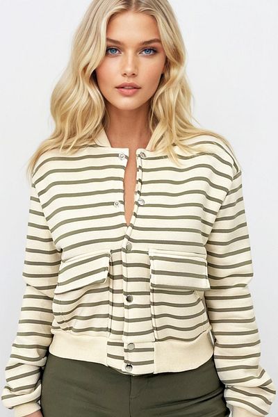 Trend Alaçatı Stili Khaki-Lined Women's Crop Jacket with Snap Closure, Double Pockets, Raised Inside Alc-X10940