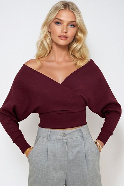 Trend Alaçatı Stili V-Neck Double Breasted Women's Blouse - Plum Alc-019-053-Blz