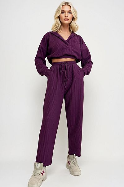 Trend Alaçatı Stili Pflaumenfarbenes Damen-Set mit Kapuze und zweireihigem Ausschnitt – ALC-X13268