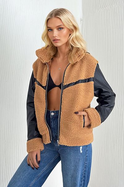 Trend Alaçatı Stili Taba Women &Apos; S Plush Coat with Double Pockets and Lining, Alc-X13280