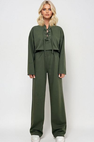 Trend Alaçatı Stili Khaki Color Women's Sweatshirt and Double Pocket Pants Set - Crew Neck with Bird Eye Detail Alc-X13283