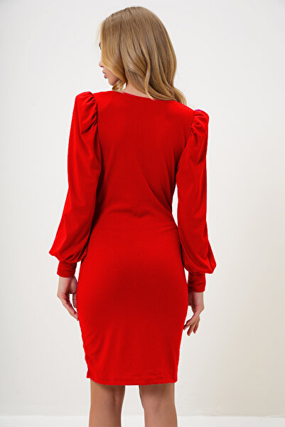 Trend Alaçatı Stili Damen-Minikleid mit rotem Degaje-Kragen und Prinzessinnenärmeln, saisonal, ALC-X13260