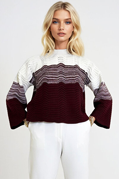 Trend Alaçatı Stili Damen-Strickpullover ALC-X11187 in Burgunderrot mit halb durchbrochenem Fisch und Blockmuster