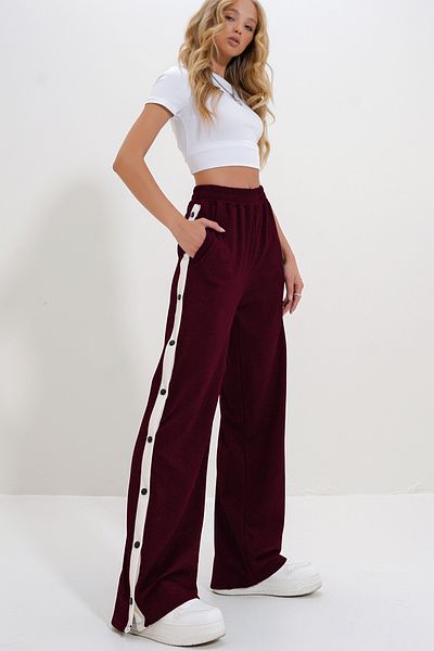 Trend Alaçatı Stili Women's Burgundy Double Pocket Elastic Side Stripe Wide Leg Pants Alc-X12713