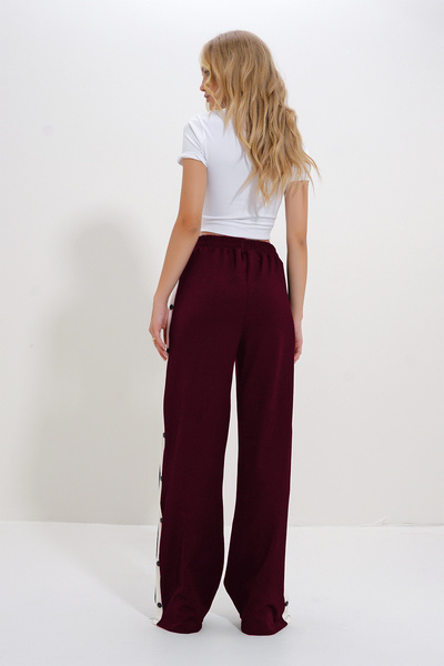 Trend Alaçatı Stili Kadın Bordo Çift Cepli Lastikli Yanları Şeritli Wide Leg Pantolon ALC-X12713